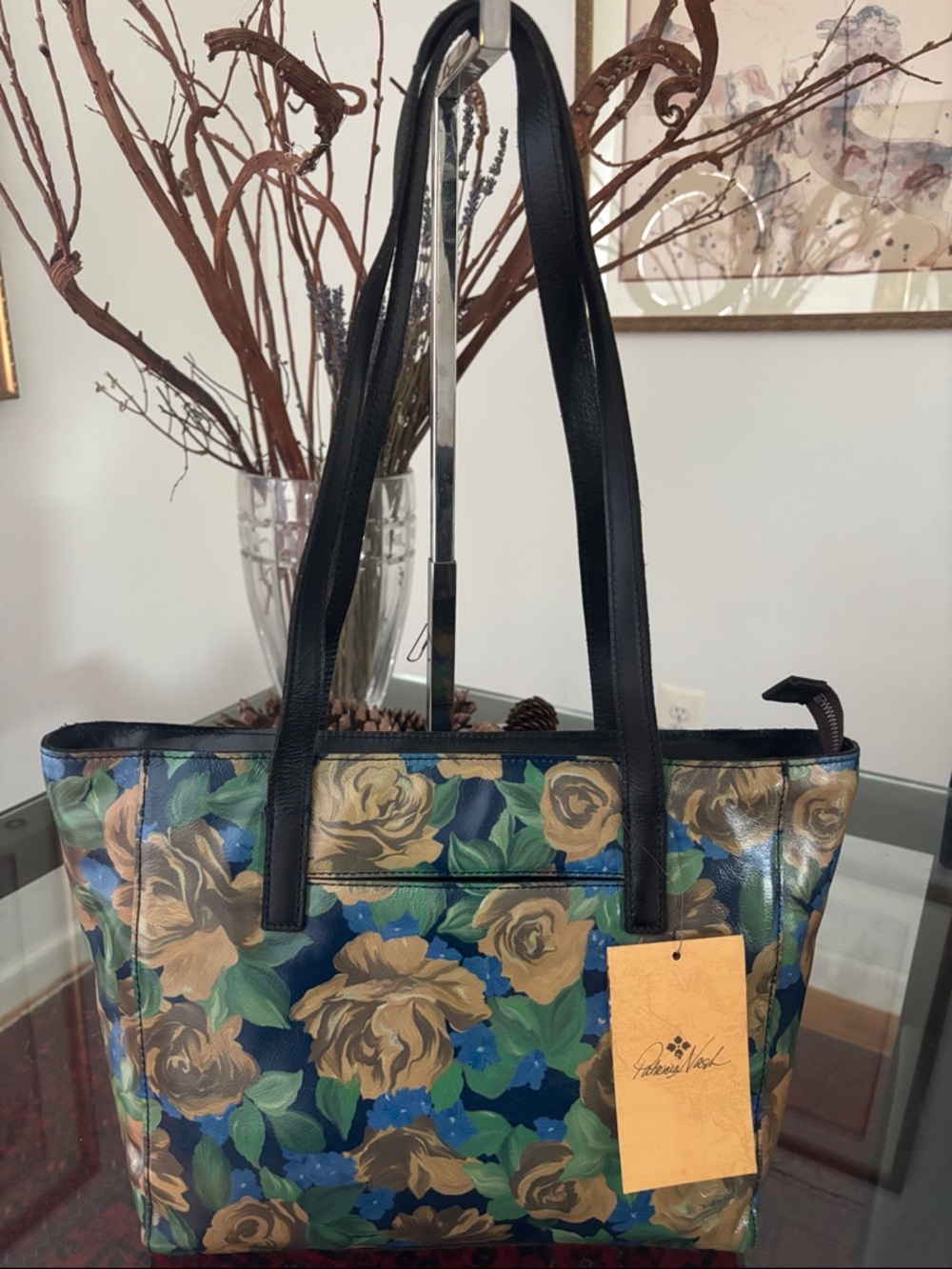 Patricia Nash Floral Tote with Black Handles Tan Roses NWT